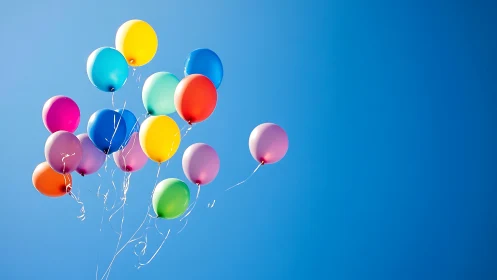 Colored balloons suspended against clear blue sky gradient