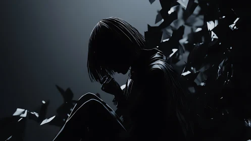 Silhouetted daydreamer adrift in midnight paper storms.