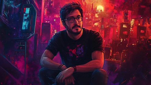 Neon lit gamer reflects in a moody cyberpunk city nightscape