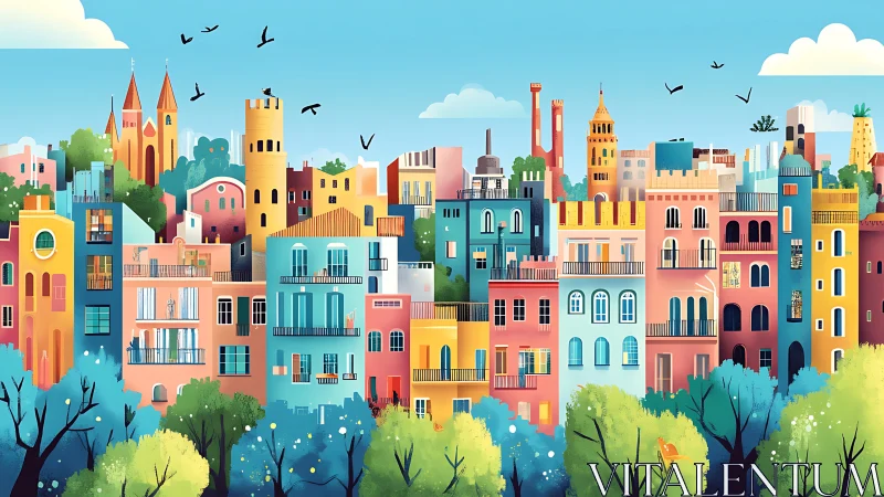 Sunlit pastel skyline where storybook houses huddle close.