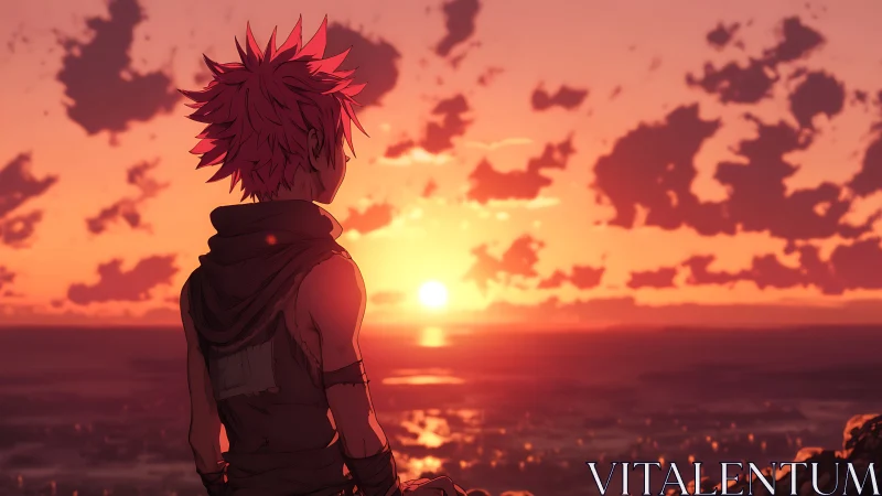 Anime wanderer contemplates a glowing sunset horizon in silence
