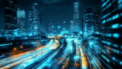 Neon cyberpunk city skyline over glowing highway streams.