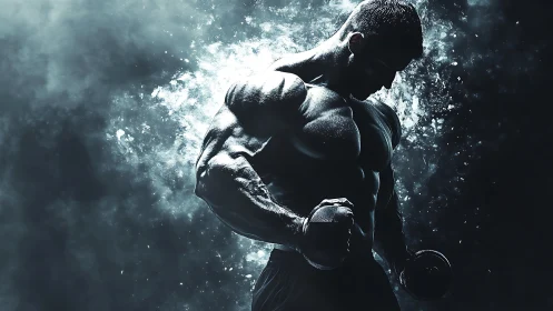 High contrast muscular athlete silhouette with dumbbells in smoke