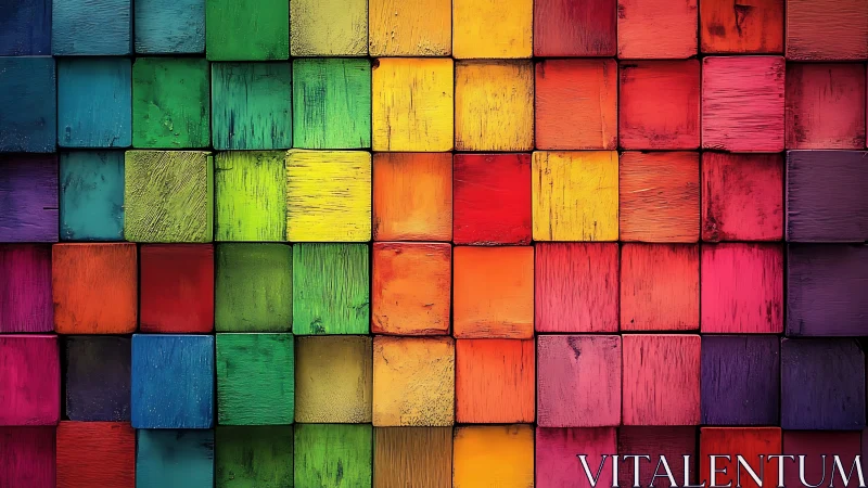 Color spectrum grid of textured wooden cubes in rows.