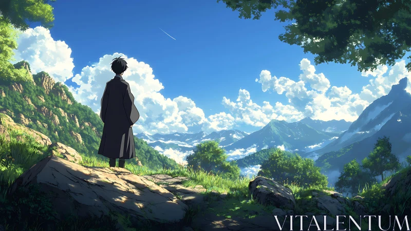 Solitary figure observing distant mountain valley panorama.