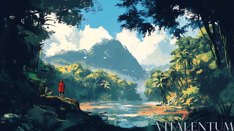 Figure in Red Overlooking Tropical Valley with Mountain
