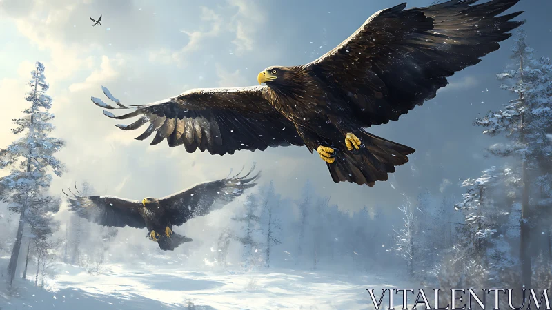Majestic eagles soaring over snowy forest in realistic digital art.