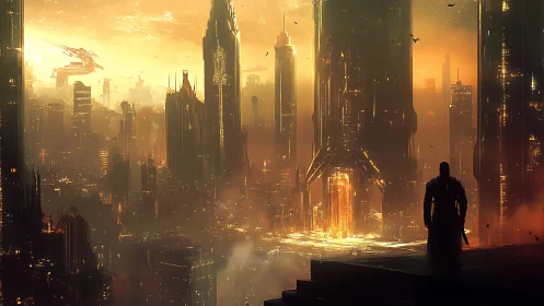 Lone watcher greets a burning neon sunrise over megacity spires.