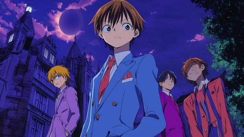 Midnight-suited misfits under an eclipsed academy moon.