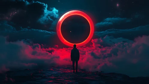 Silhouetted figure faces glowing red ring above cloud abyss