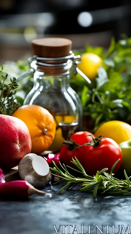 Fresh produce and herbs surround rustic glass oil bottle.