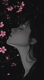 Monochrome profile portrait with drifting sakura petals at night.