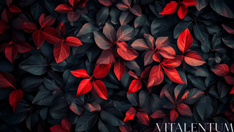 Red foliage pattern over dark leaves in top view layout.