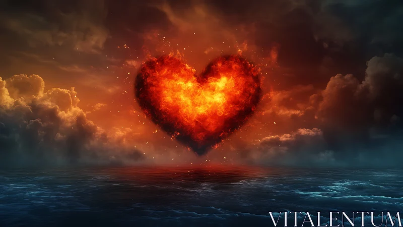 Burning Heart Form Against Stormy Sky and Ocean