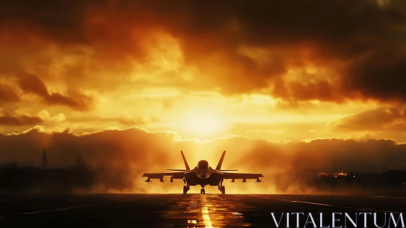 Jet fighter silhouette on runway under dense sunset sky.