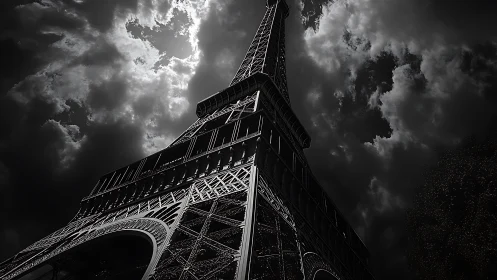 Eiffel Tower low angle study under dramatic cloudy sky.