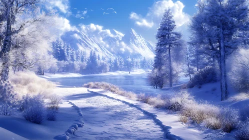 Snowy forest path winds toward tranquil frozen mountain lake