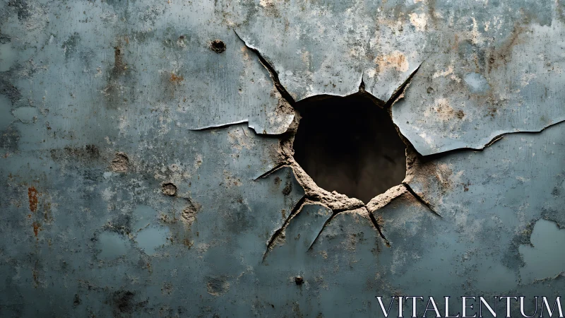 Rusted metal wall cracked open into a mysterious dark void.