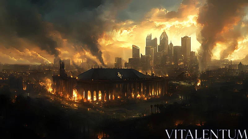 Flames crown a shattered arena beneath a burning steel skyline