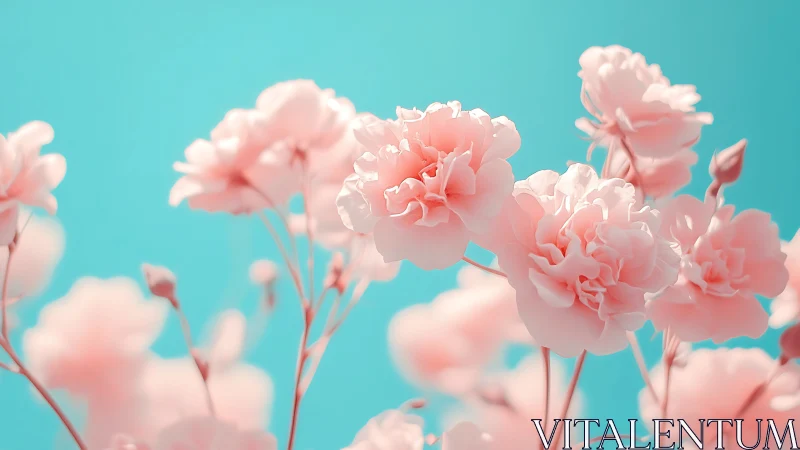 Macro pastel carnations against cyan defocused background