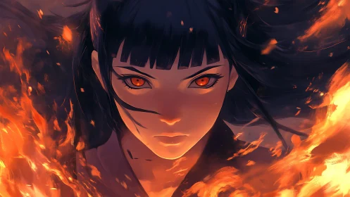 Intense anime girl portrait framed by swirling fire.