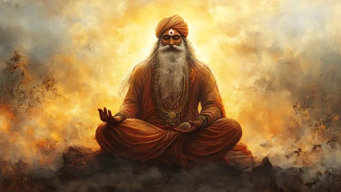 Radiant ascetic in meditative lotus amid combustion halo field.