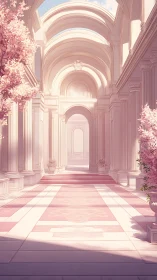 Sunlit neoclassical hall with blush cherry blossoms.