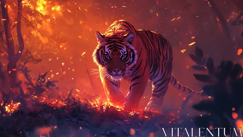 Ember-walk tiger strides through a glowing twilight forest.