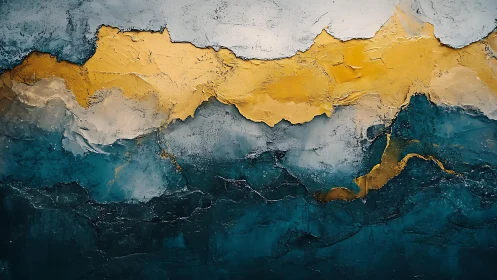 Abstract landscape painting with bold gold and teal textured layers.