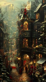 Narrow winter street with illuminated holiday decorations.