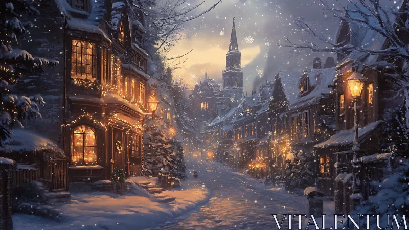 Gentle winter village street glowing with candlelit charm.