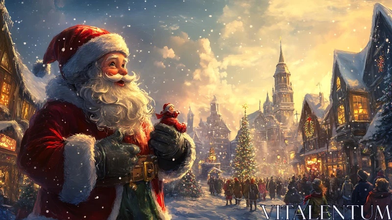 Jolly street Santa savoring a golden-lit Christmas village.