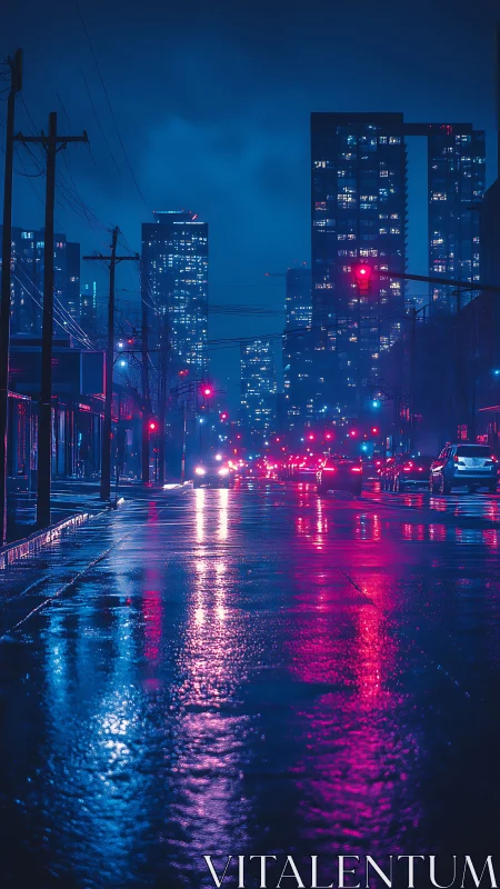 Cyberpunk night cityscape with neon-lit wet arterial street.