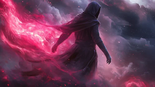 Hooded mage walks through swirling red cosmic energy.