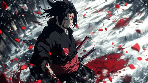 Bloodied anime swordsman stands defiant in a snowy battleground