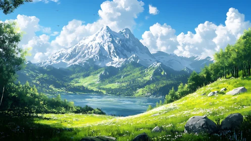 Sunlit alpine lake beneath a storybook crown of peaks.