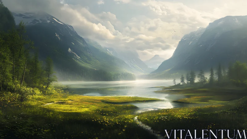 Whispering valley lake under cloud-draped mountain guardians.