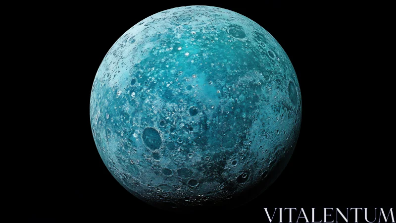 Cyan cratered planetary sphere rendered against black void