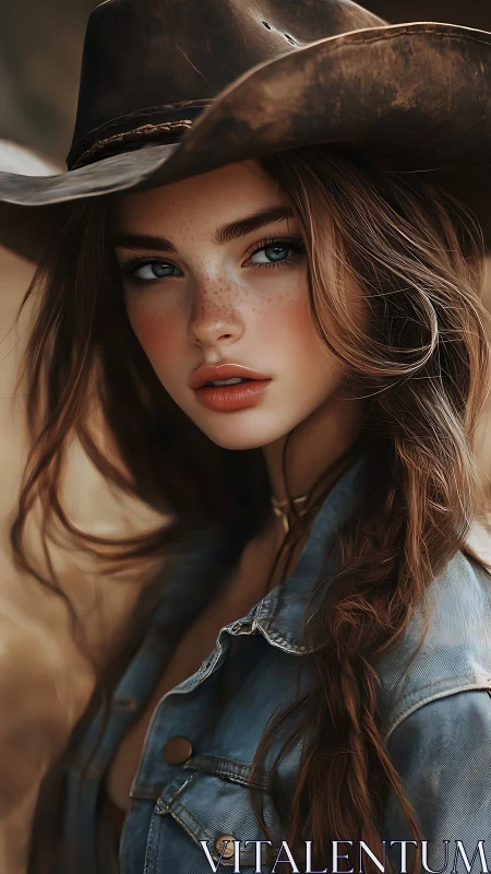 Photorealistic cowgirl portrait with shallow depth of field.