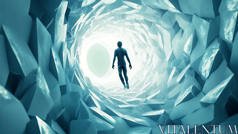 Human figure levitates through crystalline tunnel toward luminous core