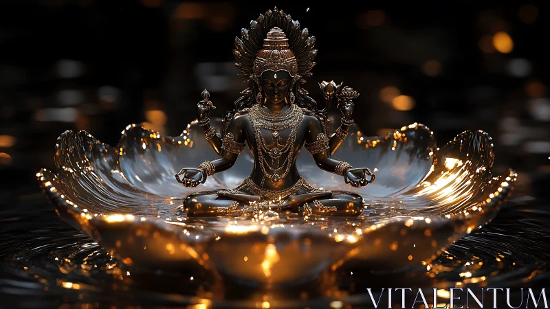 Divine metallic deity meditates on glowing liquid lotus