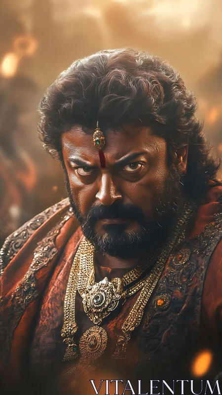 Regal warrior portrait with ornate armor, shallow depth of field