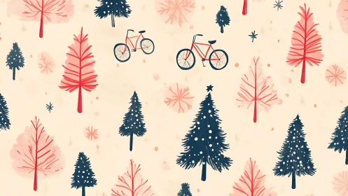 Playful winter trees and bicycles in a festive repeat pattern.