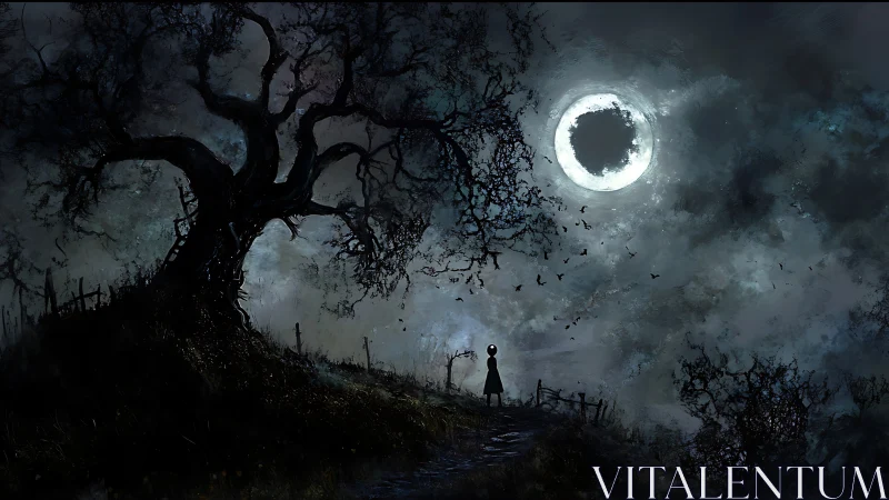 Lone child beneath eclipsed moon in haunted twilight grove.