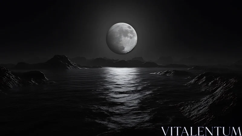 High-contrast lunar reflection over specular alien ocean at night