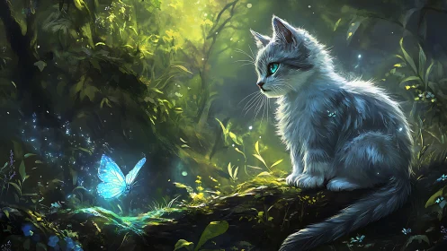 Luminous Encounter: White Cat with Turquoise Eyes and Bioluminescent Butterfly in Enchanted Forest.