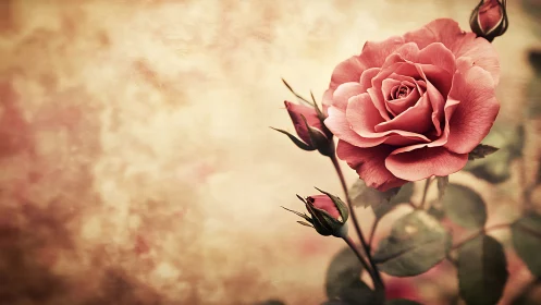 Soft pink rose blooms against textured vintage background