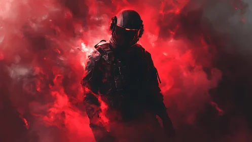 Armored trooper emerging from crimson tactical smoke.