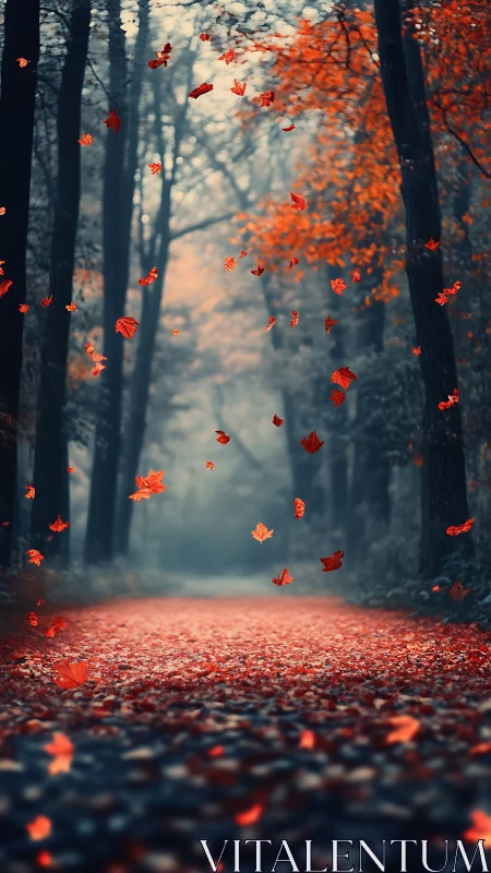 Autumn's Dance Through Misty Woods.