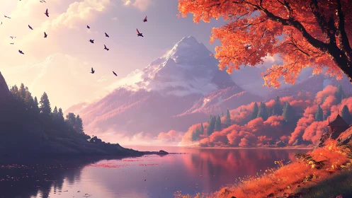 Mountain lake landscape with autumn trees and distant peaks.